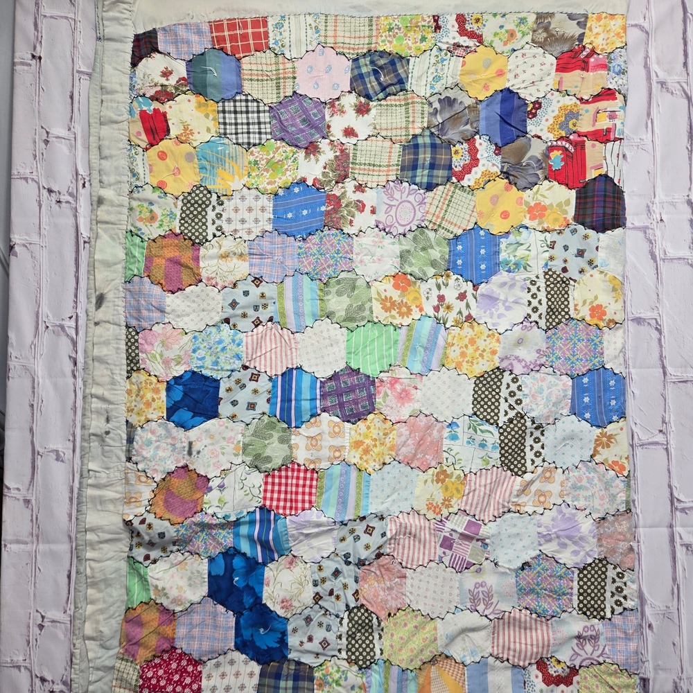 VTG Handmade Hexagon Grandmother Flower Garden Patchwork Antique Quilt 72x70